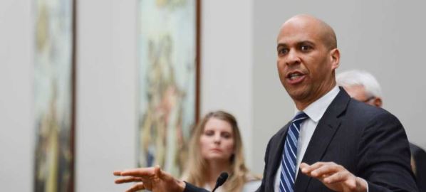 Cory Booker speaking at a press conference on expanding Social Security.