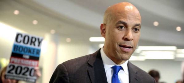 Cory Booker speaking with the media at the 2019 California Dem. Party State Convention.