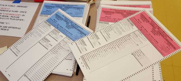 A photo of Super Tuesday presidential primary election ballots in Massachusetts.
