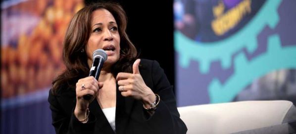 Kamala Harris speaking with at the 2019 National Forum on Wages and Working People.