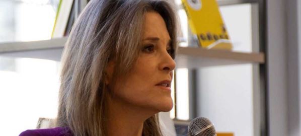 Marianne Williamson speaking at event in Manchester NY on February 17, 2019.