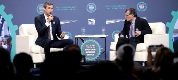 Beto O'Rourke and Steve Greenhouse at the National Forum on Wages and Working People.